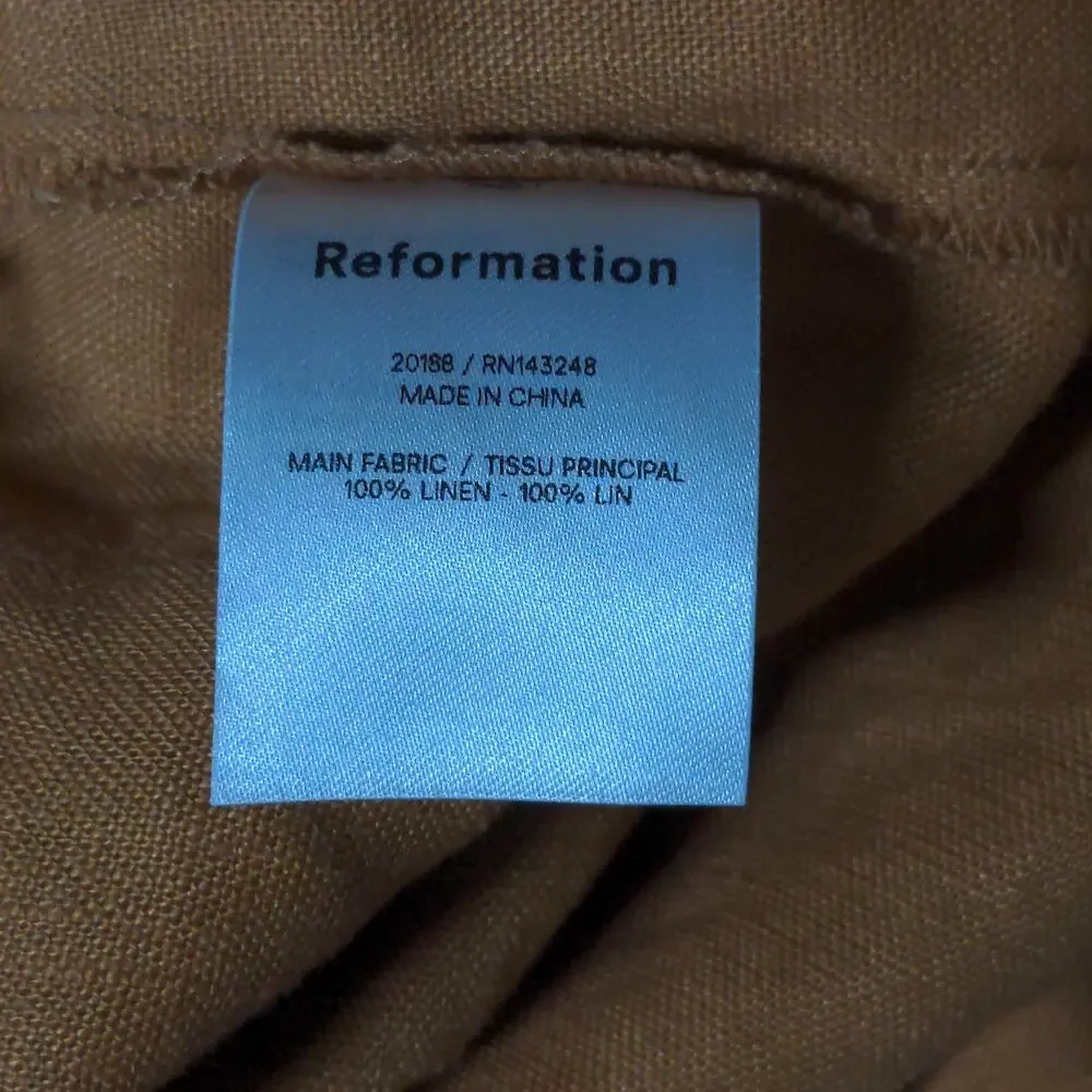 Reformation Justin Linen Pant in Barley Cropped High Rise Slim 10 New